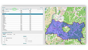 A software interface showing a vector management panel on the left and a geographic map on the right. The map displays a highlighted area in blue with a hole in the center, indicating a coverage zone with an exclusion area. The left panel lists vector objects with details such as names, IDs, and types, and displays properties for the selected object 'Emmendingen With Hole'.