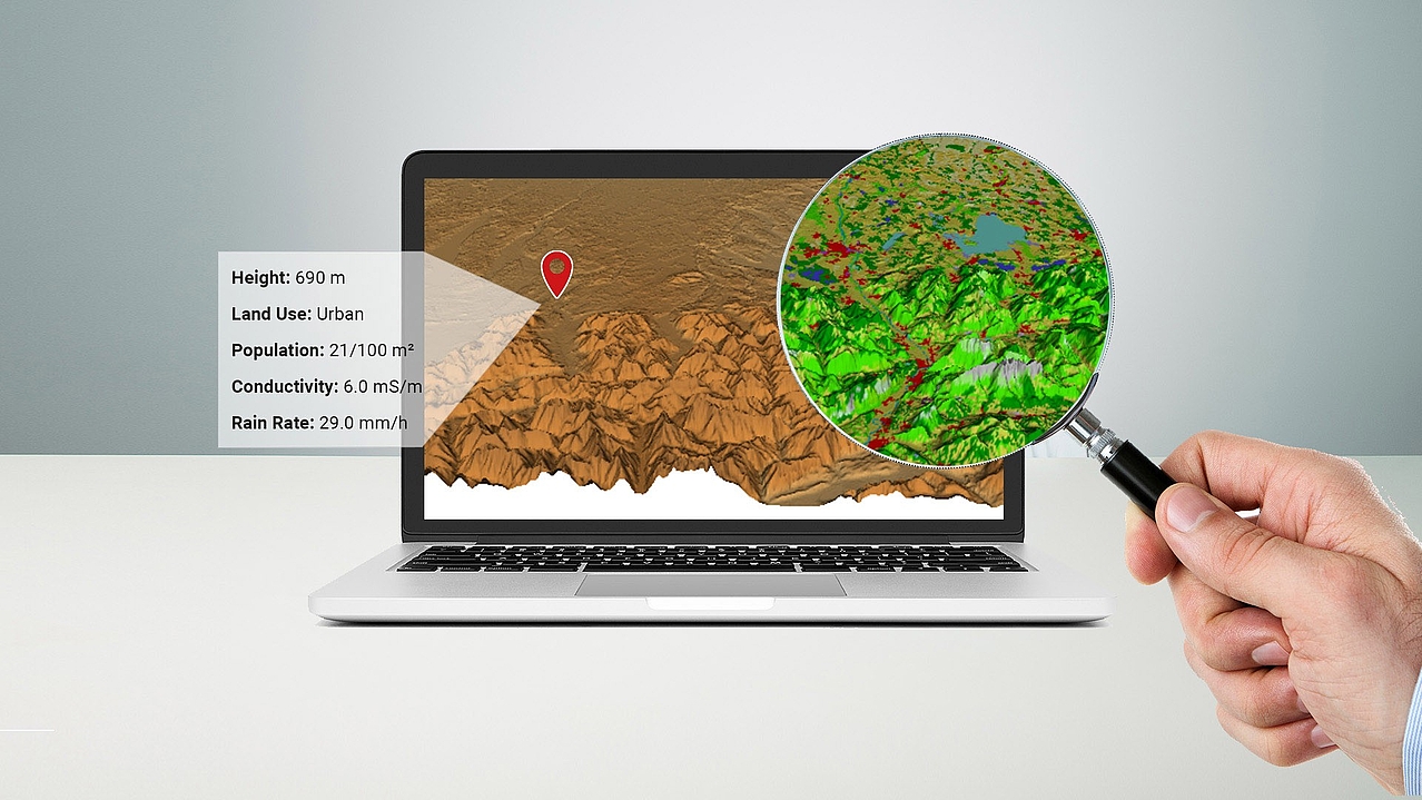 Digital Mapping Data for Spectrum Analysis Laptop with terrain map and magnified data view for precise coverage prediction and interference analysis