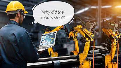 Industrial Network – Reliable Connectivity for Automated Processes Engineer in a factory using a laptop to monitor robotic arms, questioning why the robots stopped. Represents the importance of low-latency and high-reliability industrial networks.