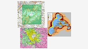 Broadcast Engineering - Optimized for Network Planning and Interference Calculations Three screenshots showing different broadcast maps for interference calculation, SFN delay optimization, and population analysis