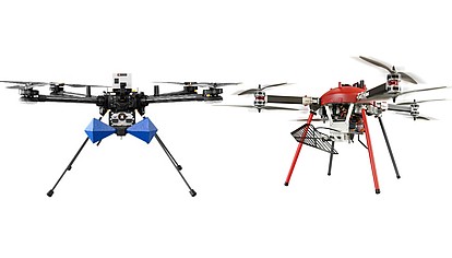 Drones with Modular RF Payload Configurations Two monitoring drones equipped with different RF payload configurations including directional, omni, and high-frequency antennas for flexible mission use.