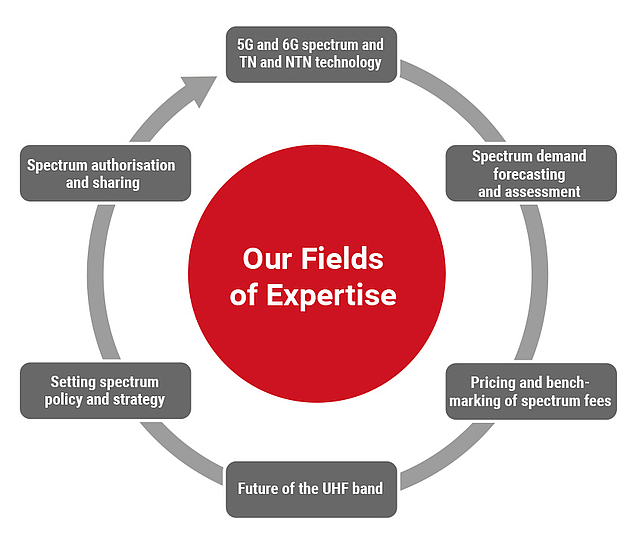 Circular graphic showing LS telcom’s spectrum consulting fields of expertise, including 5G and 6G spectrum, TN and NTN technology, demand forecasting, spectrum fee benchmarking, UHF band planning, policy strategy, authorization, and sharing