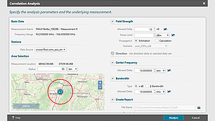 Correlation Analysis Feature in Spectrum Monitoring Interface Screenshot of LS OBSERVER software showing correlation analysis settings for comparing transmitter data with measured spectrum values, including direction, frequency, and field strength parameters.