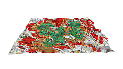 Coverage and performance prediction based on topography and environmental factors 3D coverage and network performance prediction map showing terrain, vegetation, and environmental impact zones