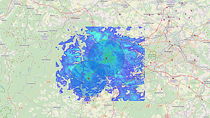 Map showing calculated radio signal strength for PMR/TETRA coverage planning.