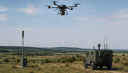 Integrated Airborne and Ground Spectrum Monitoring Airborne monitoring drone operating with a ground-based military unit for integrated spectrum monitoring.