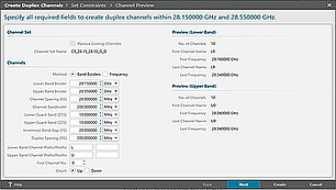 A software interface for creating duplex channels within the frequency range of 28.150000 GHz to 28.550000 GHz. The left section contains input fields for setting band borders, channel spacing, bandwidth, guard bands, and duplex spacing. The right section previews the lower and upper band channels with details such as the number of channels, first and last channel names, and frequency ranges.