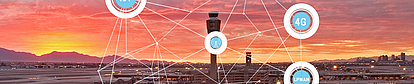 Airport Wireless Network Integration Panoramic view of an airport at sunset with the control tower centered. Overlaid network graphics connect various nodes with lines, featuring icons labeled '4G', 'LPWAN', and others, symbolizing wireless communication and network integration at the airport.