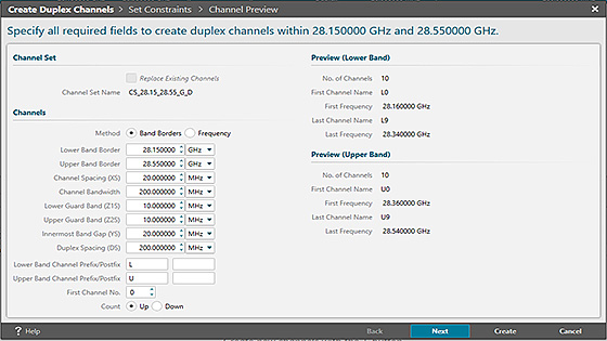 Create duplex channel set using band borders